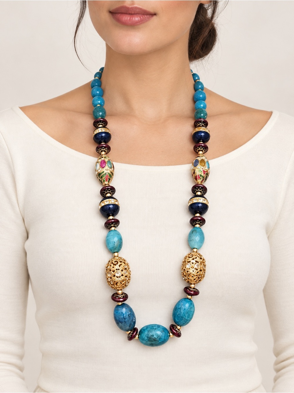 Vintage Heavy Turquoise Blue Enamel Rhinestone Beaded Statement Necklace